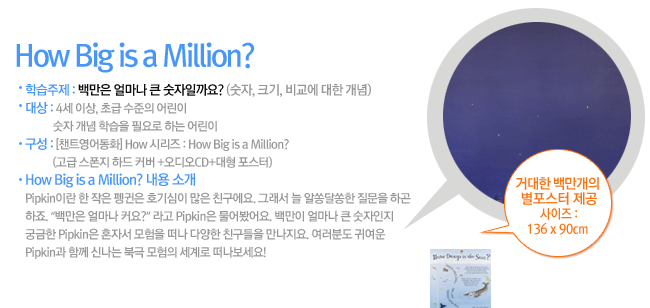 How Big is a Million? ���� �Ұ�: Pipkin�̶� �� ���� ����� ȣ����� ���� ģ������. �׷��� �� �˼۴޼��� ������ �ϰ� ����. ���鸸�� �󸶳� Ŀ��?�� ��� Pipkin�� ����þ��. �鸸�� �󸶳� ū �������� �ñ��� Pipkin�� ȥ�ڼ� ������ ���� �پ��� ģ������ ��������. �����е� �Ϳ��� Pipkin�� �Բ� �ų��� �ϱ� ������ ����� ����������!